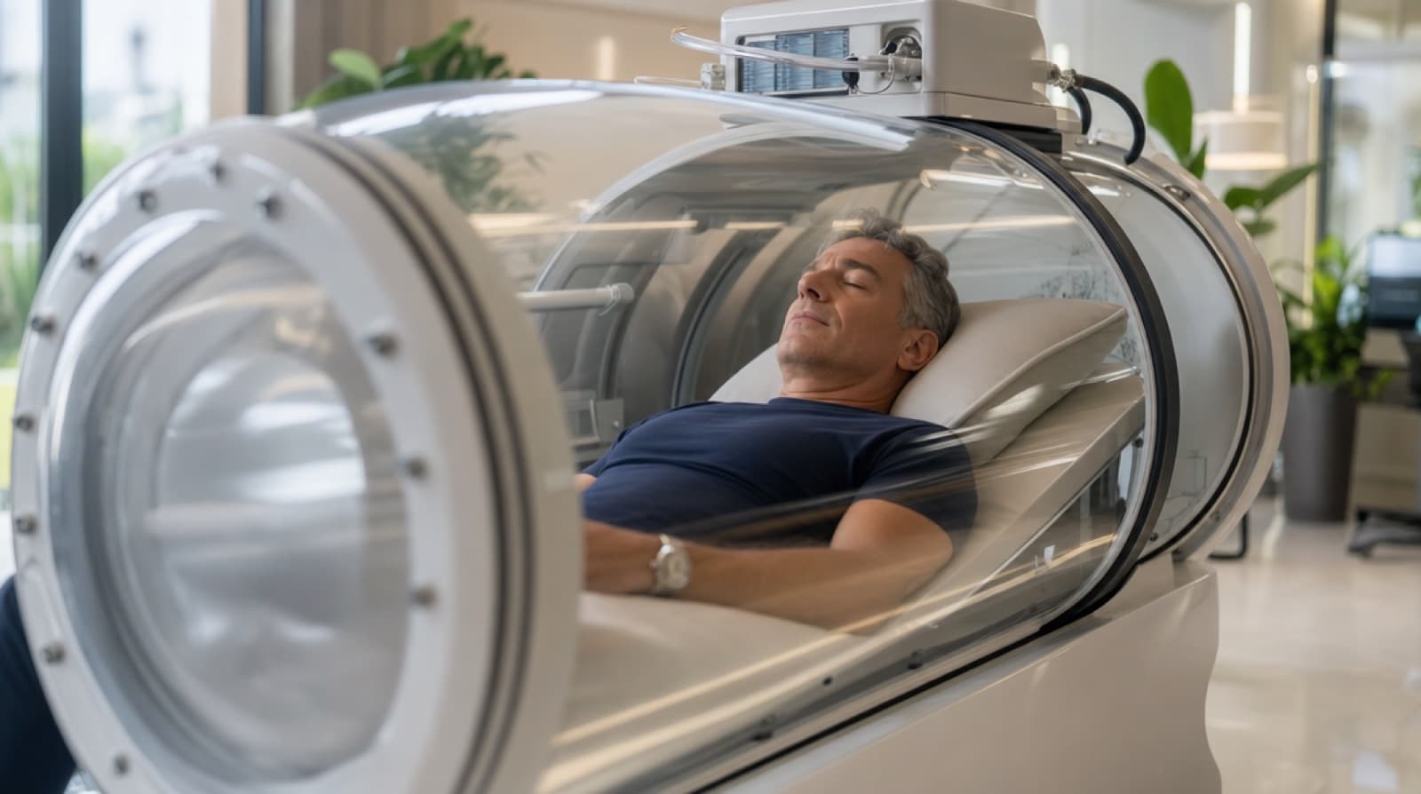 Modern hyperbaric oxygen therapy chamber in a bright longevity clinic