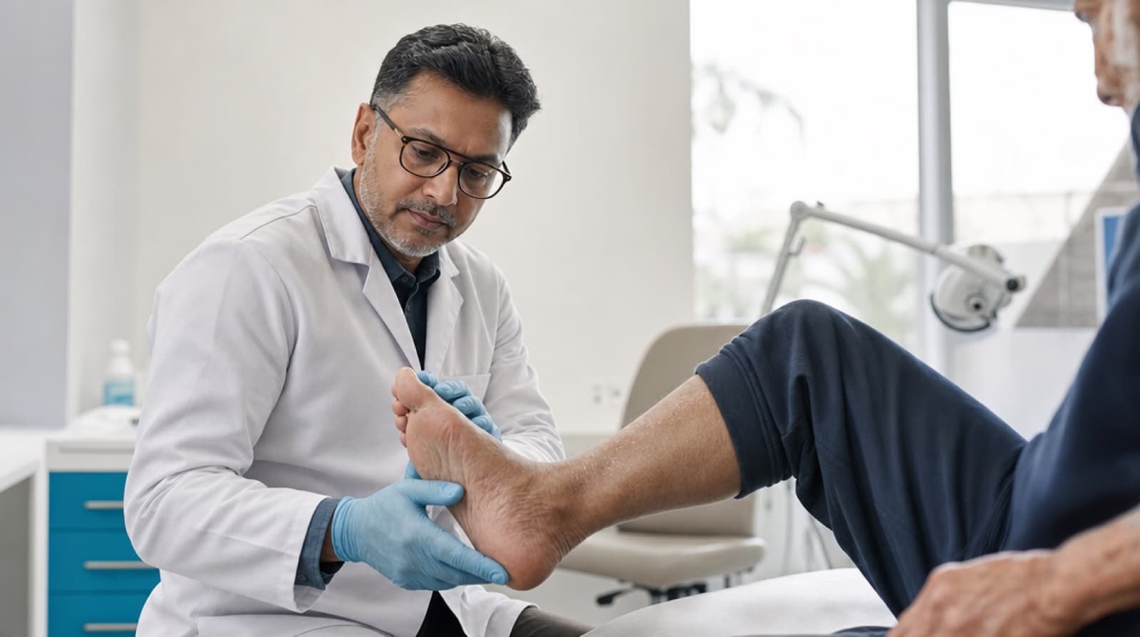 Doctor examining a patient's foot in a wound care clinic