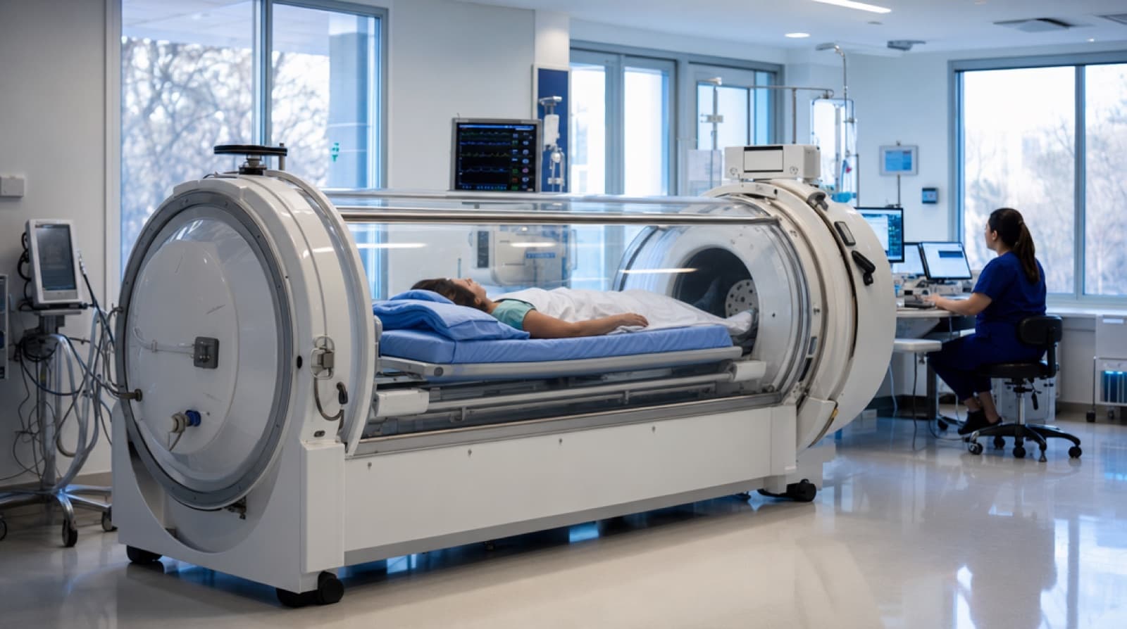 Hospital hyperbaric chamber room used as adjunctive treatment for serious infection