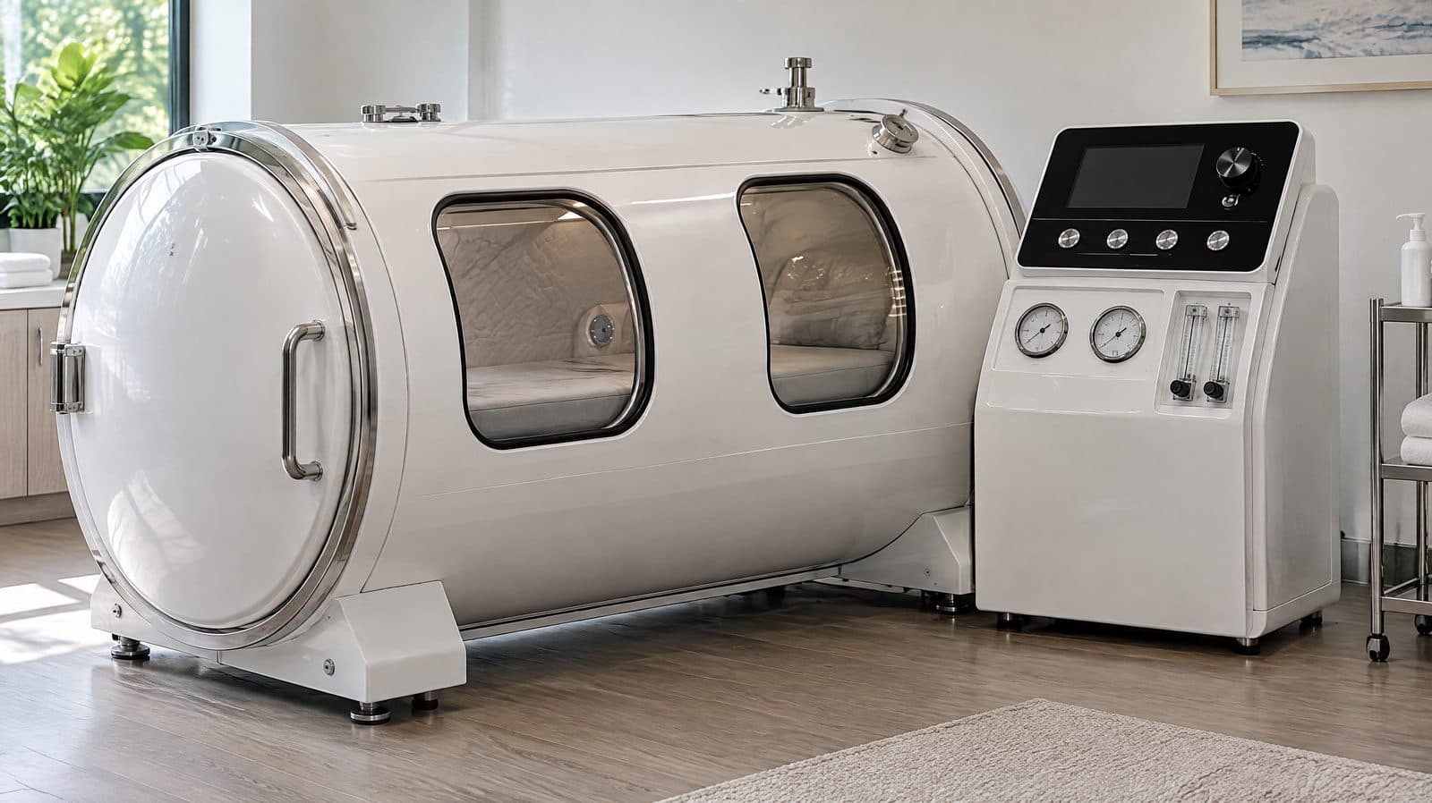 Hard-shell hyperbaric chamber with its operator control console: touchscreen, pressure gauges and oxygen flow meters