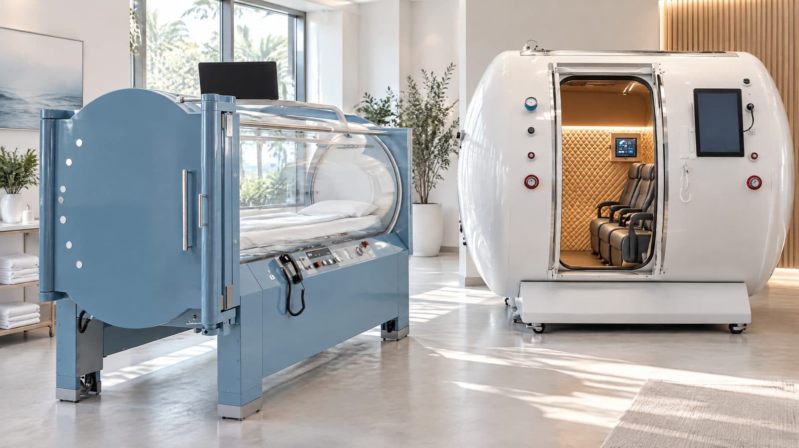 Clear acrylic monoplace hyperbaric chamber next to a seated multi-person hard-shell chamber with its door open