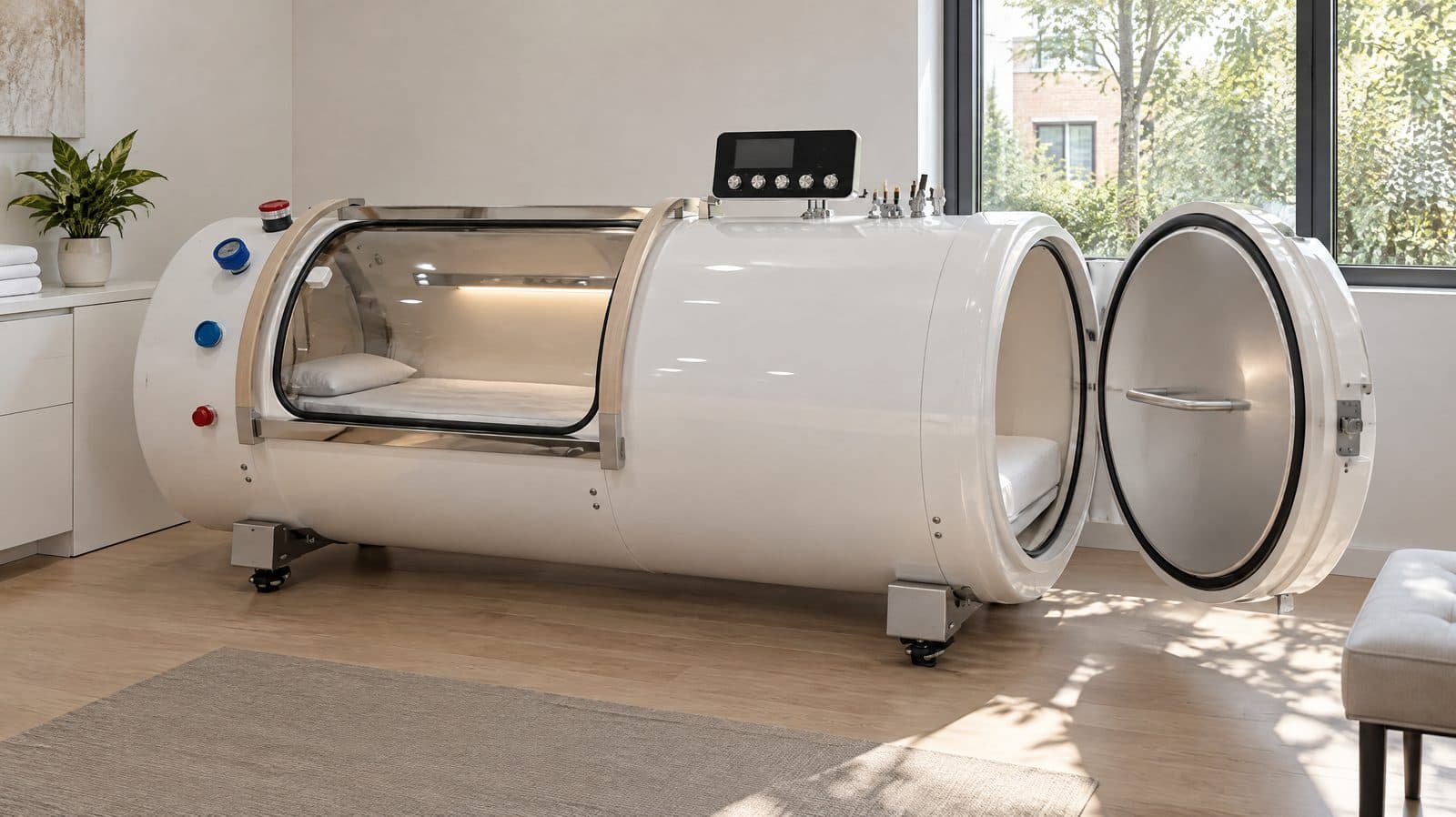 Single-occupant hard-shell hyperbaric chamber in a small clinic treatment room