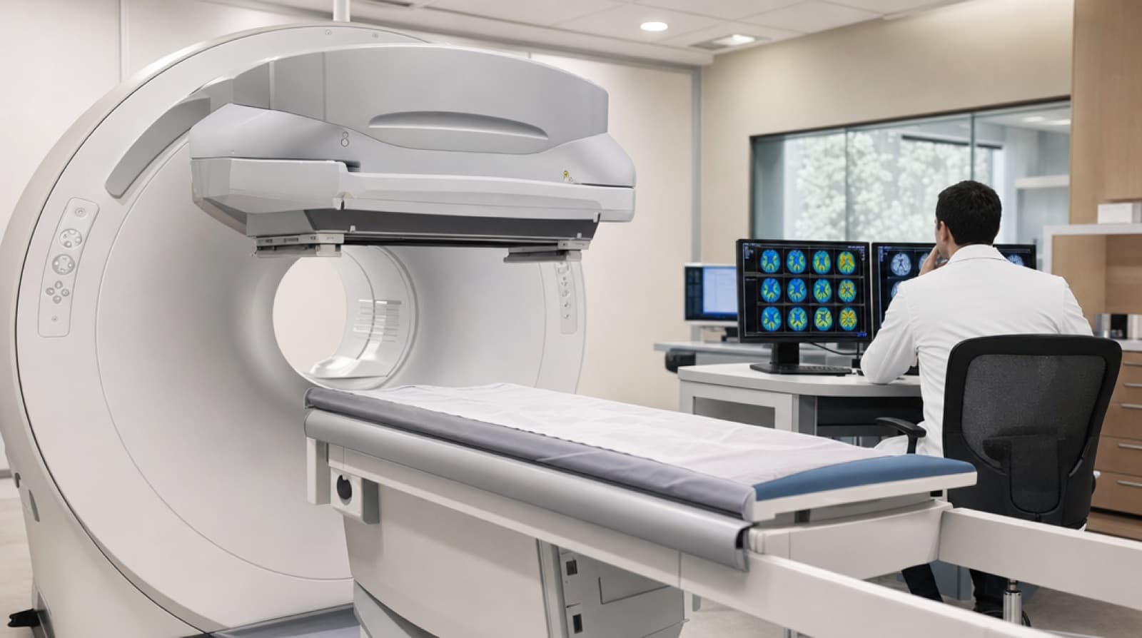 SPECT gamma camera scanner with a radiologist reviewing brain perfusion images